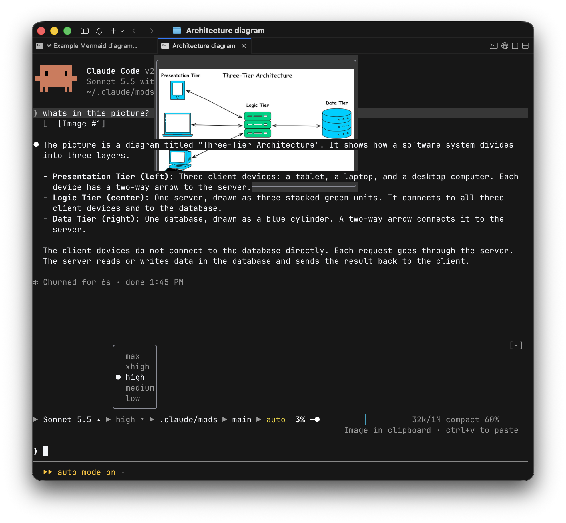 An open effort menu with high selected above a context bar showing Sonnet 5.5, the working folder, main branch, auto permission mode, and 3 percent context usage.