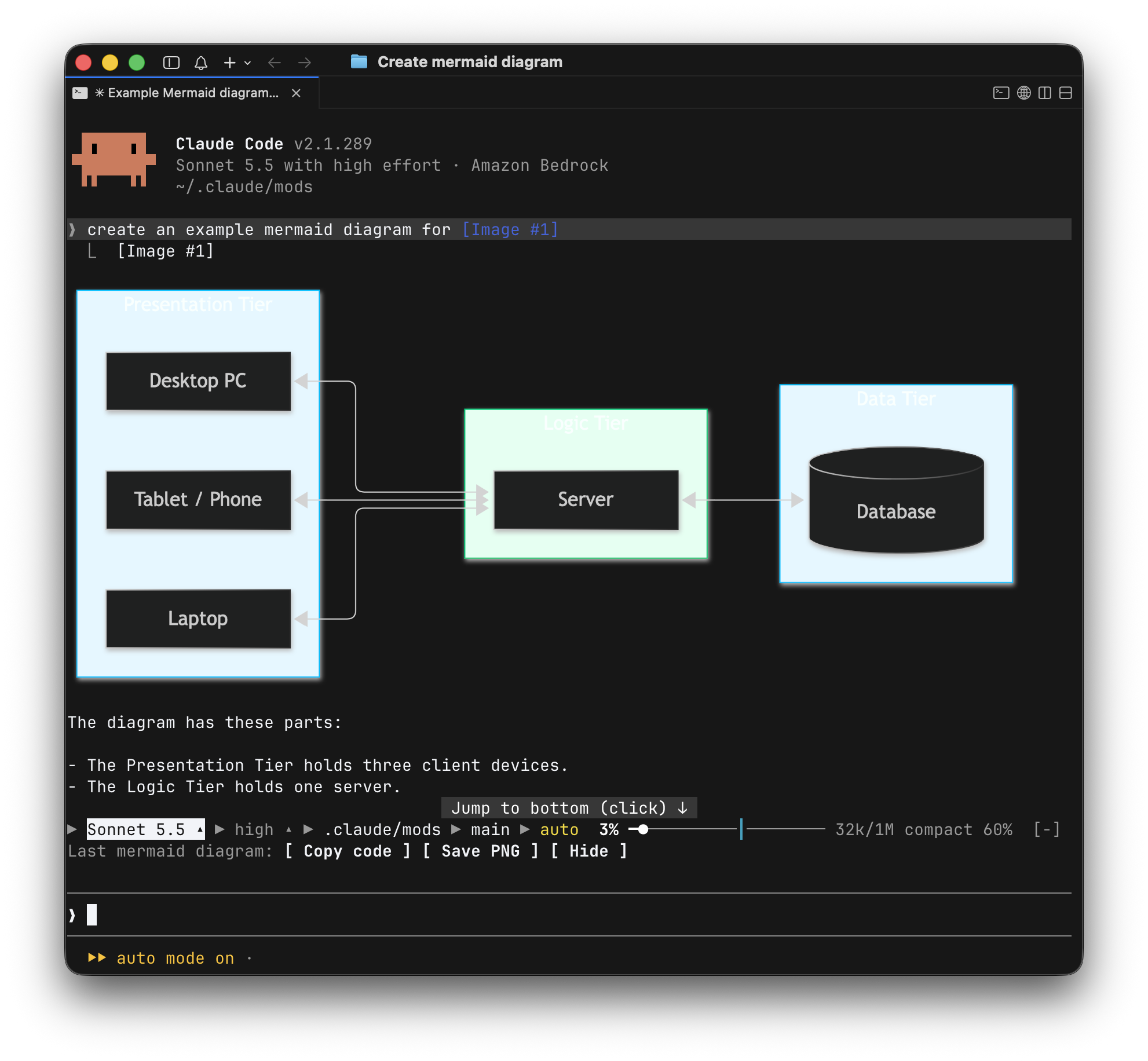 Claude Code displays a Mermaid architecture diagram with client devices, a server, and a database inside its transcript, with Copy code, Save PNG, and Hide actions above the prompt.